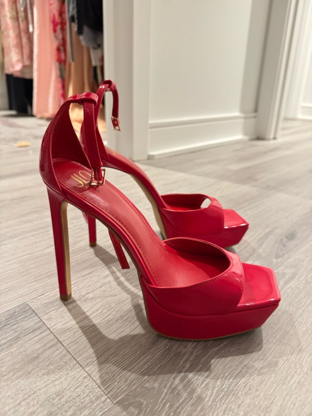 Red Patent High Heel Sandals with Ankle Tie platform - Picture 2 of 4